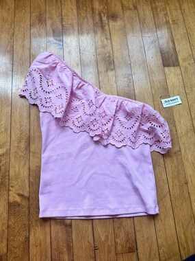 Old Navy Pink One-Shoulder Eyelet Ruffle Top